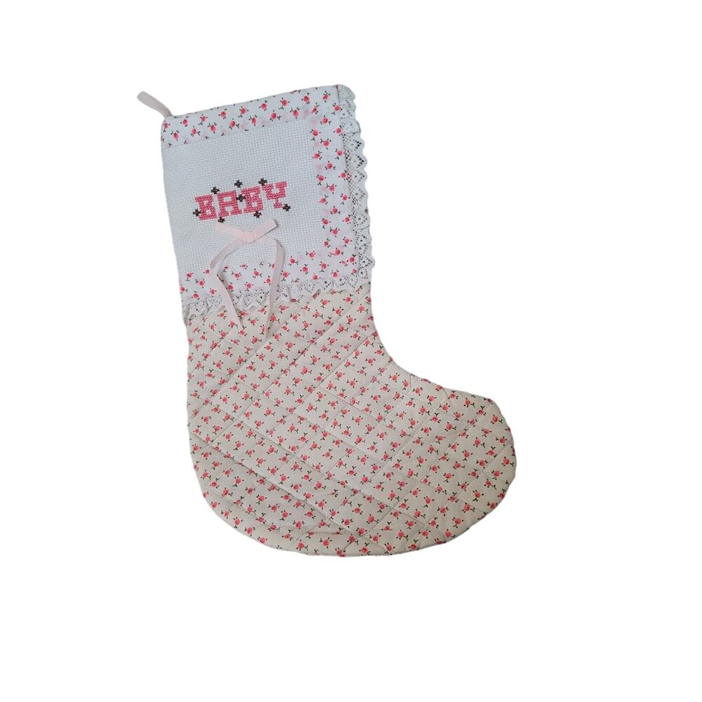 Vintage Kurt Adler Baby STOCKING Rose Buds Cotton Pink 1982